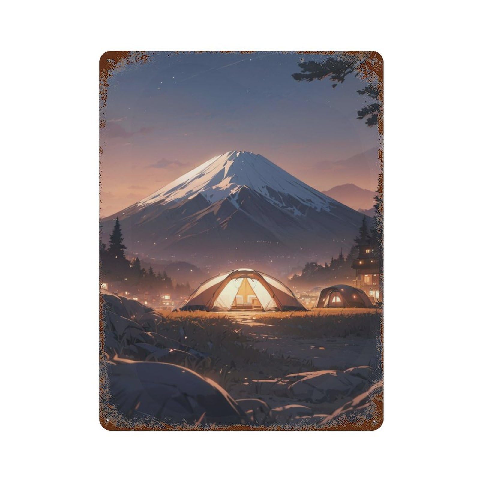 Beautiful Fuji at Camping 15.7"x11.8" Rustic Tin Plaque, Novelty Wall Decor for Living Room, Hallway And Home Decor