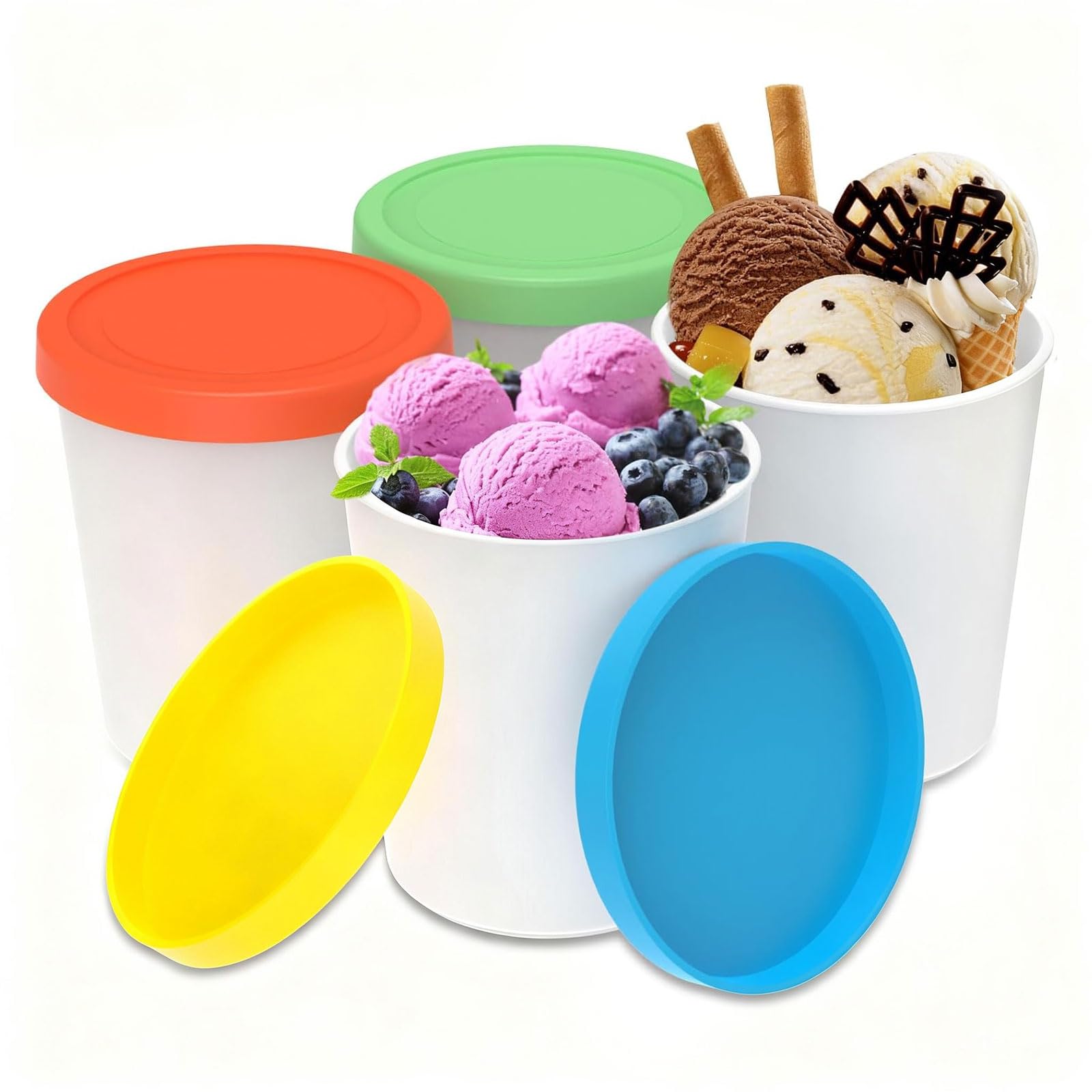 Houbobo 4 Pack Ice Cream Containers, Reusable 1L Ice Cream Tubs with Lids
