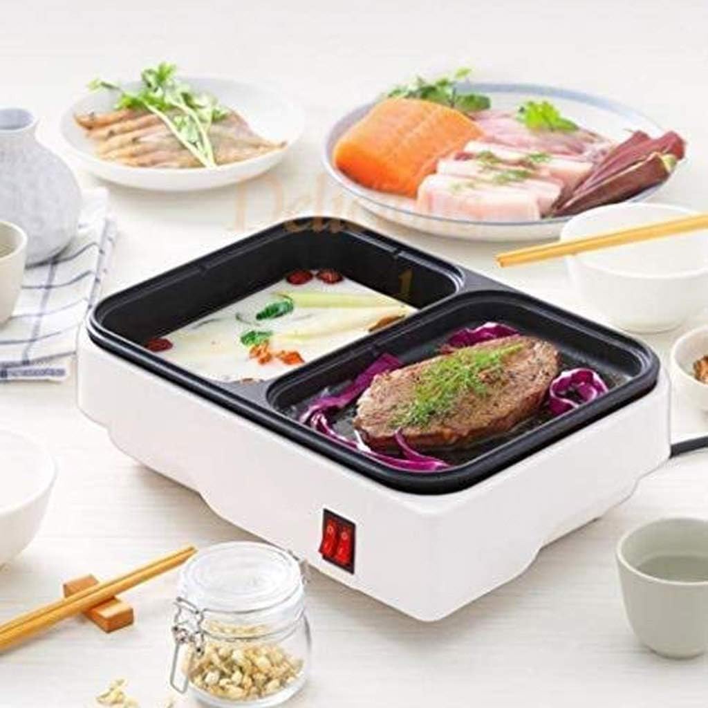 Electric Grill with Hot Pot, with Glass Lid，Mini Non-Stick Multi-Function Integrated Cooking Baking Pan