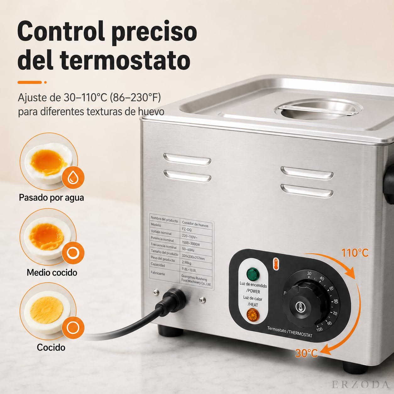Cocedor de Huevos Eléctrico Profesional 60 Huevos, Acero Inoxidable con Termostato, 2,6 kW, para Cafeterías y Buffets