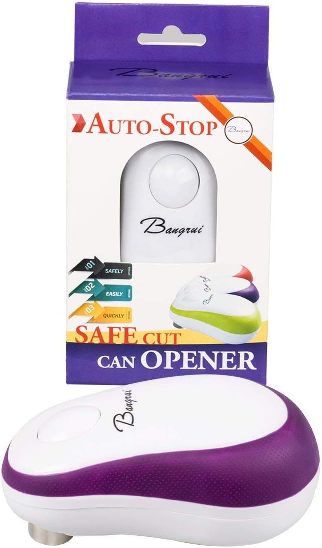 Electric Can Opener, BangRui Automatic Can Opener One-Touch Start 4AA Batteries Operated Smooth Soft Edge for Seniors/ Arthritic Hands, Purple