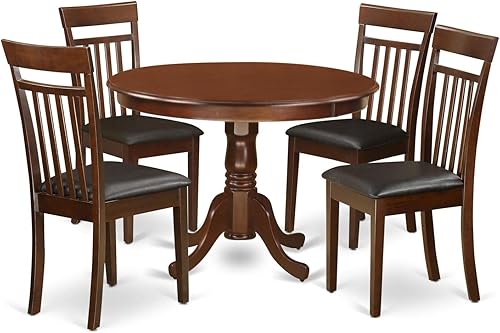 East West Furniture HLCA5-MAH-LC Juego de 5 piezas de comedor incluye una mesa redonda de madera y 4 sillas de cocina de piel sintética asiento y