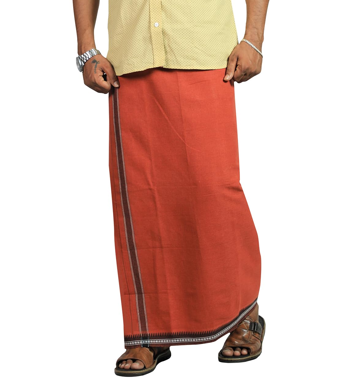 Prakasam Cotton Mens Cotton Kerala Thalapathi Border Welcro Pocket Dhoti (Size -S Size Dhoti) / Dark Kavi Colour Thalapathi Adjustable Pocket Dhoties For Mens