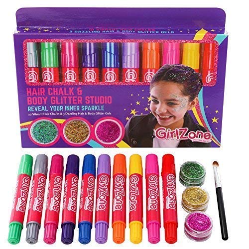Hair Chalk & Body Glitter Gels Makeup Set for Girls: 10 Hair Chalks & 3 Hair, Body & Face Glitter Gels Great Birthday Present Gifts for Girls of All Ages