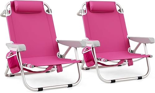 GYMAX Silla de playa, tumbona mochila de 330 libras con respaldo de 5 posiciones, bolsa de almacenamiento, bolsillo lateral, barra de toalla y