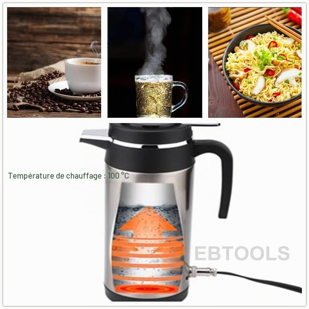 EBTOOLS Bouilloire Électrique En Acier Inoxydable Électrique KettleTravel Thermoses Bouteille D'eau de Chauffage 1000ML 12V