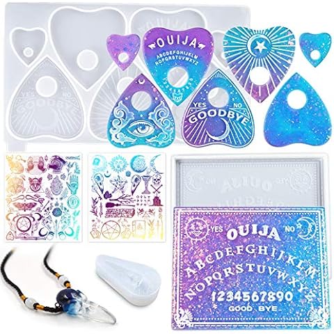 Spirit Board and Planchette Epoxy Resin Silicone Moulds with Raven Skull Pendant, Holographic Transparent Films, Gothic Necklace Jewellery Casting Set 5-Count Cover