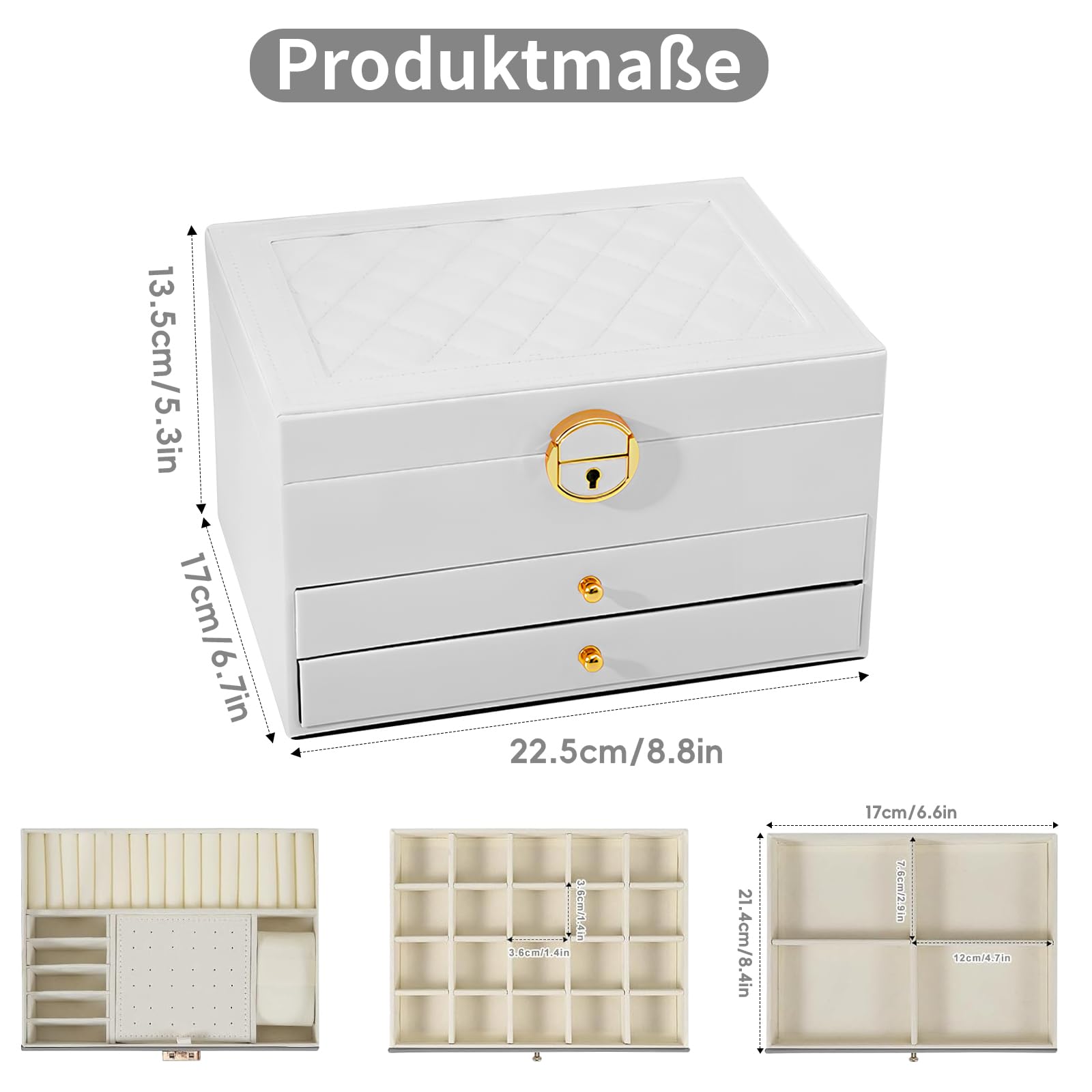 Schmuckaufbewahrung 3 Ebenen, Stapelbar Schmuckaufbewahrung, 2 Schubladen 23 * 17 * 13.5 CM (Perlweiß)