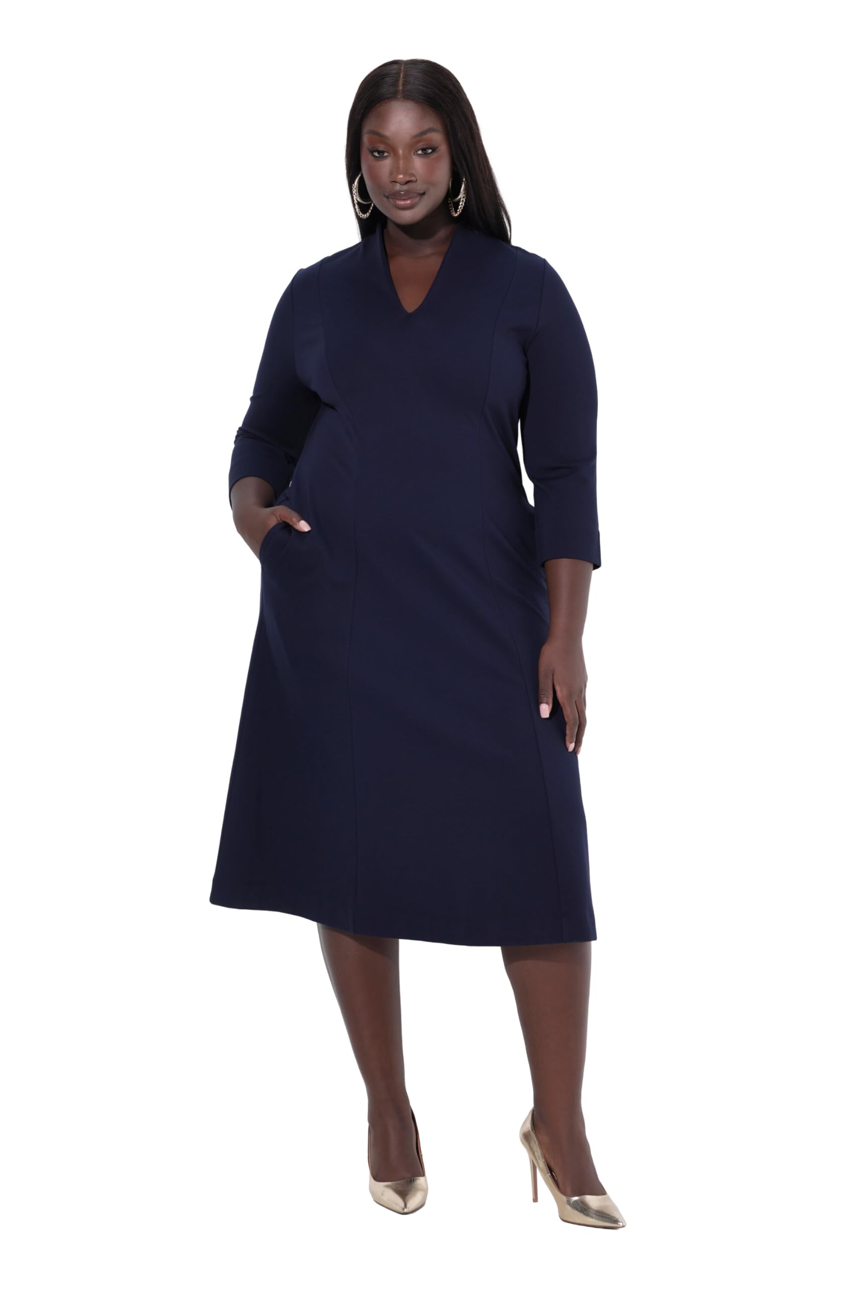 Ulla Popken Damen große Größen Übergrößen Plus Size Midi-Puntokleid, Kelchkragen, V-Ausschnitt, 3/4-Arm 829442
