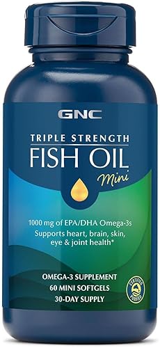 GNC Suplemento de aceite de pescado de triple fuerza, mini Omega 3, 1000 mg de EPA y DHA, apoya la salud del corazón, el cerebro, la piel, los ojos