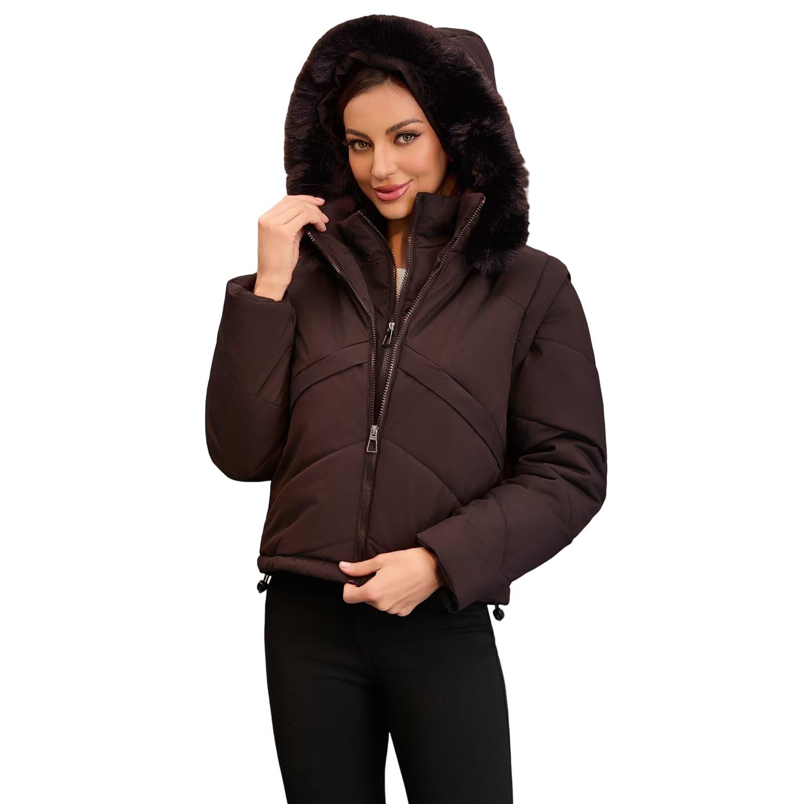 Vestes légères d'hiver pour femmes 2 en 1 Doudoune courte sans manches Gilet sans manches pour femmes Manteau matelassé chaud à capuche Vêtements d'extérieur tendance