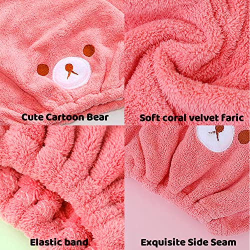 SwirlColor Hair Towel Wrap Hat for Kids, 2 Pcs Cute Cartoon Bear Microfibre Hair Towel Wrap Super Absorbent Quick Drying Turban Cap Pink and Camel Bath Towel Wrap for Kids Girls - Image 3