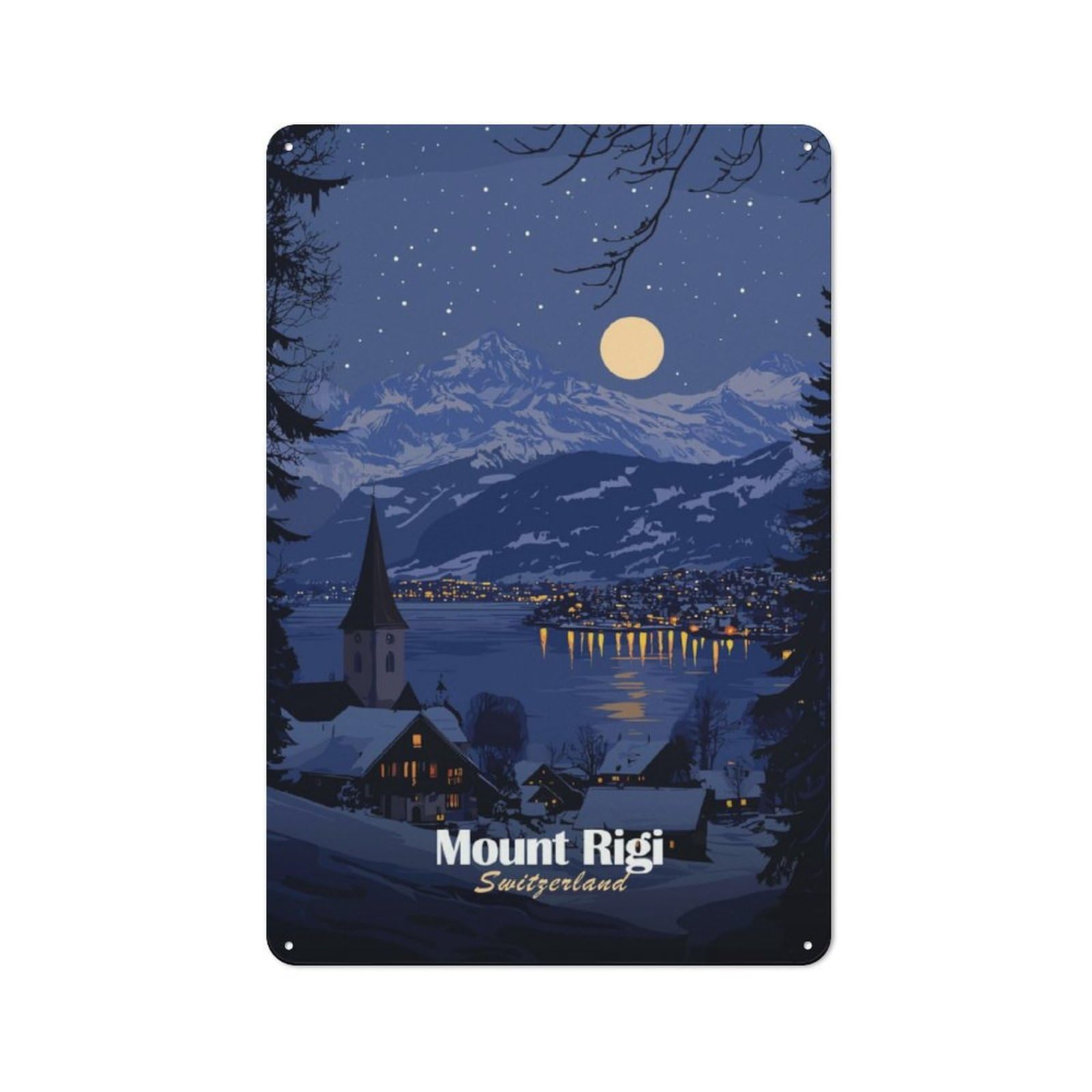 Junmoney Mount Rigi Night View Rustic Tin Sign 30X20cm For Living Room Or Hallway, Suited To Living Room Decor Lovers