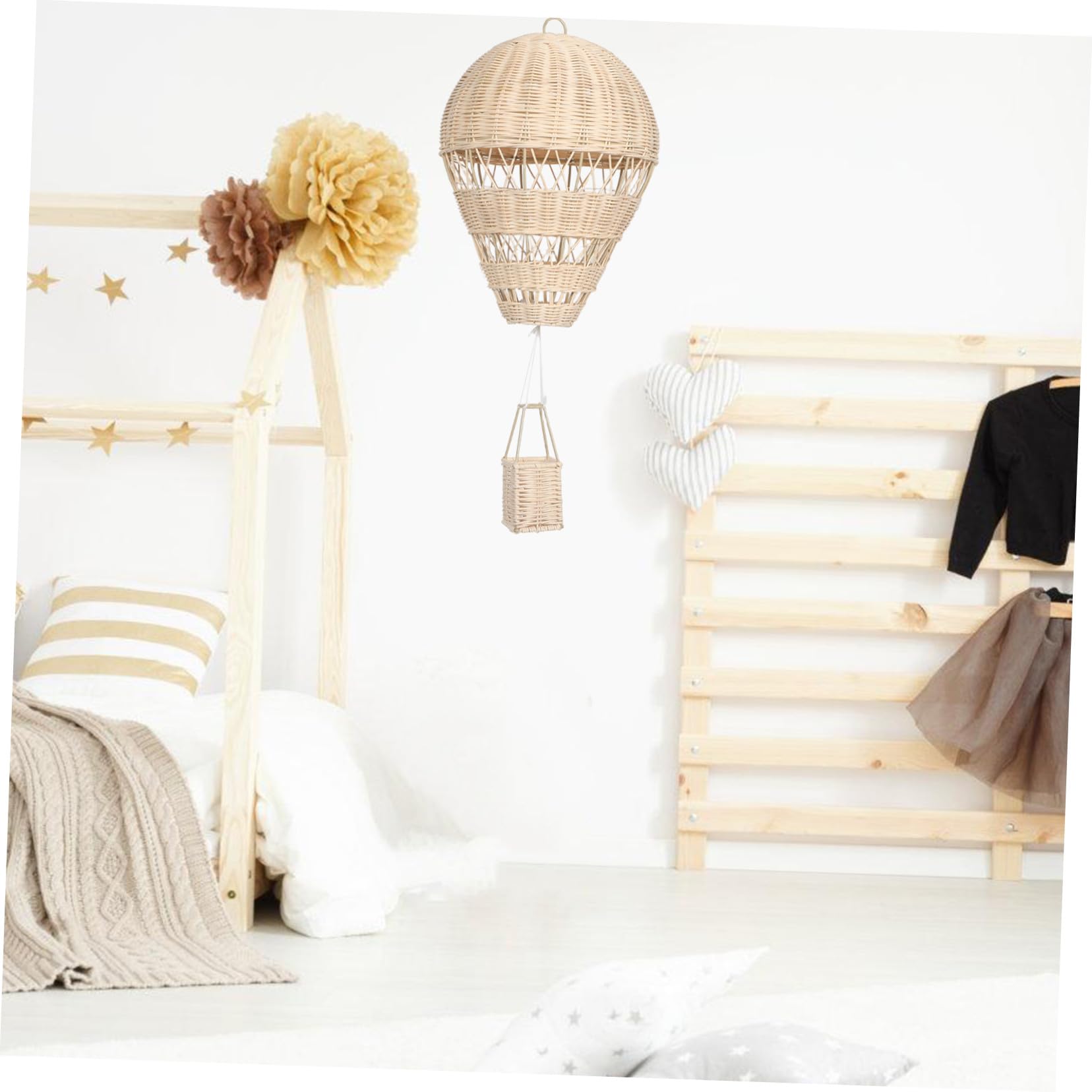 SOLUSTRE Handgeflochtener Rattan Heißluftballon Hängelampe mit Lichterkette für Kinderzimmer Dekoration Fotorequisite Wohnaccessoire