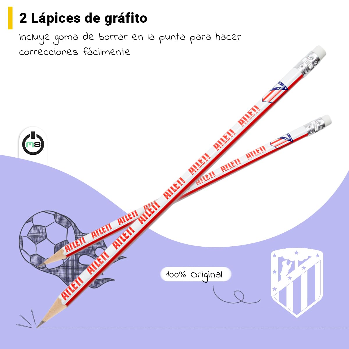 Set de Papelería Atlético de Madrid Oficial | Incluye 2 Lápices, 2 Gomas y 1 Sacapuntas | Producto Licenciado Escolar y de Oficina | Accesorio de Escritura para Niños, Estudiantes y Aficionados Colcho