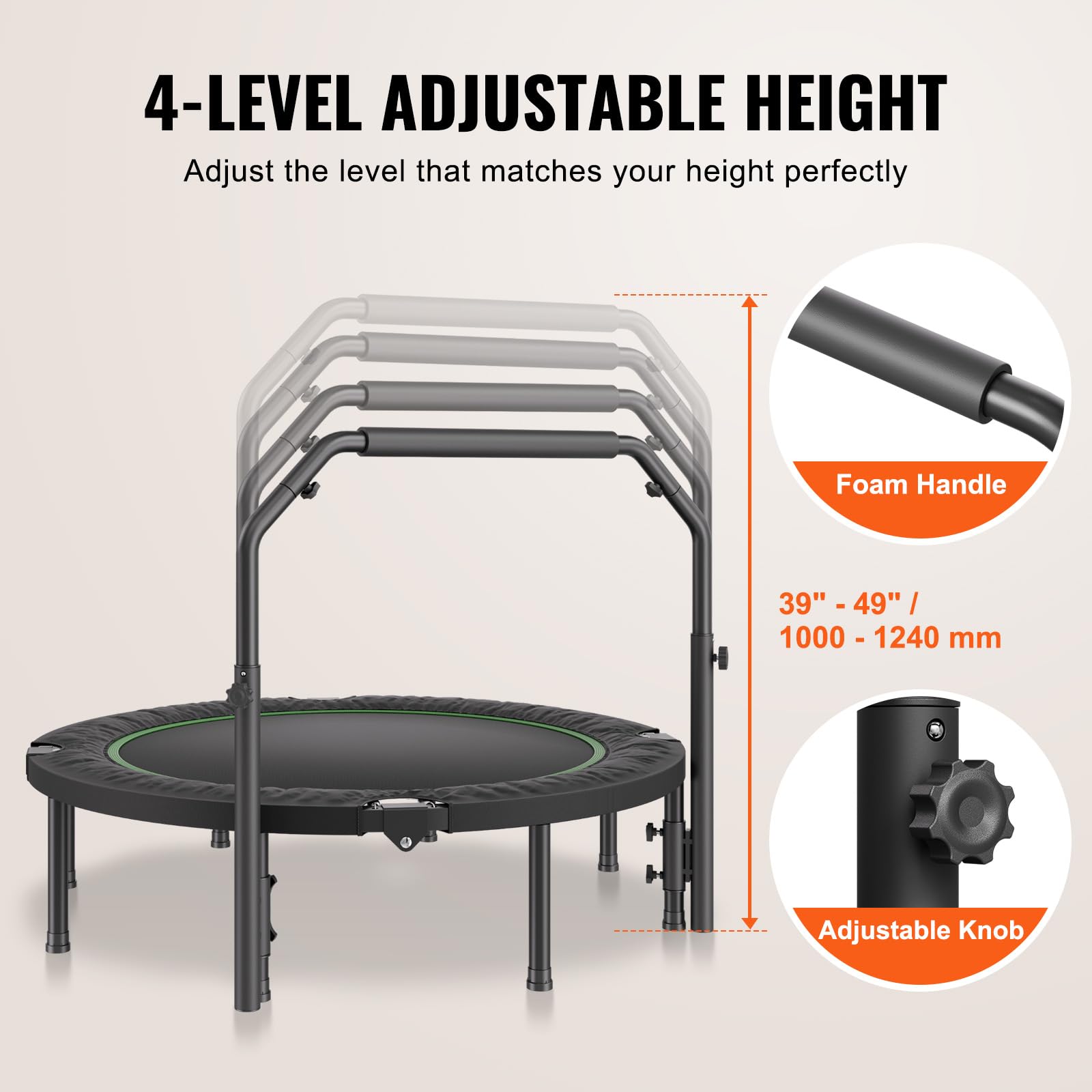 VEVOR Mini Trampoline Pliable, 1315 mm, Fitness rebounder, Charge Max. 205 kg, Stable et Silencieux avec poignée en Mousse réglable en Hauteur à 4 Niveaux, pour entraînement intérieur/Jardin Adultes