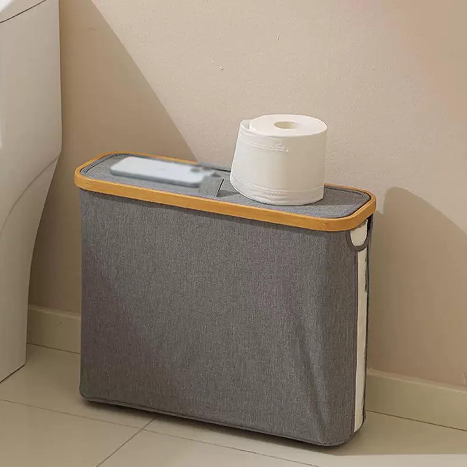 Cesta de papel higiénico de bambú y organizador de baño estrecho con tapa