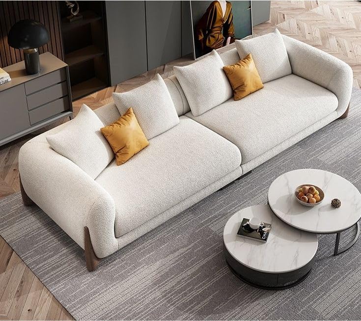 Image of Modern Comfortable Sofa Boucle Fabric Sofa for Living Room, Bedroom, Office with Pillow (Off-White, 4 Seater)