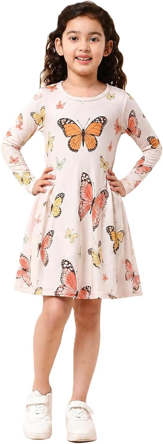 Girls Poly Silk Winter Dress | Full Sleeve Round Neck Knee Length Printed Soft Warm Wear Dress for Kids