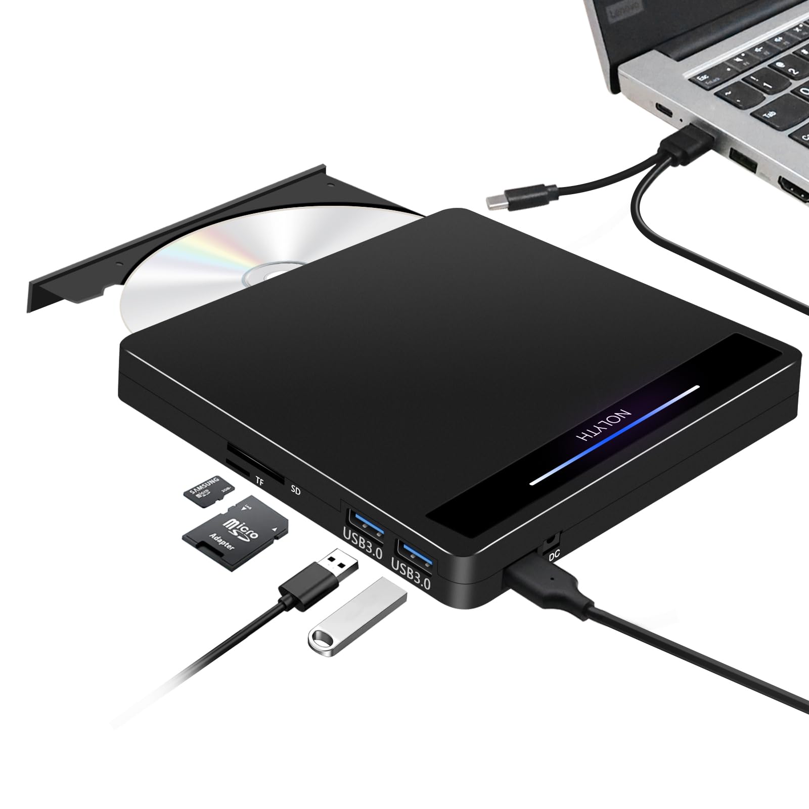 NOLYTH External CD DVD Drive for Laptop, USB 3.0 Type-C Portable with SD/TF 2 USB Ports, Slim CD/DVD RW Burner Rewriter Reader Player for Mac Macbook PC Windows Linux