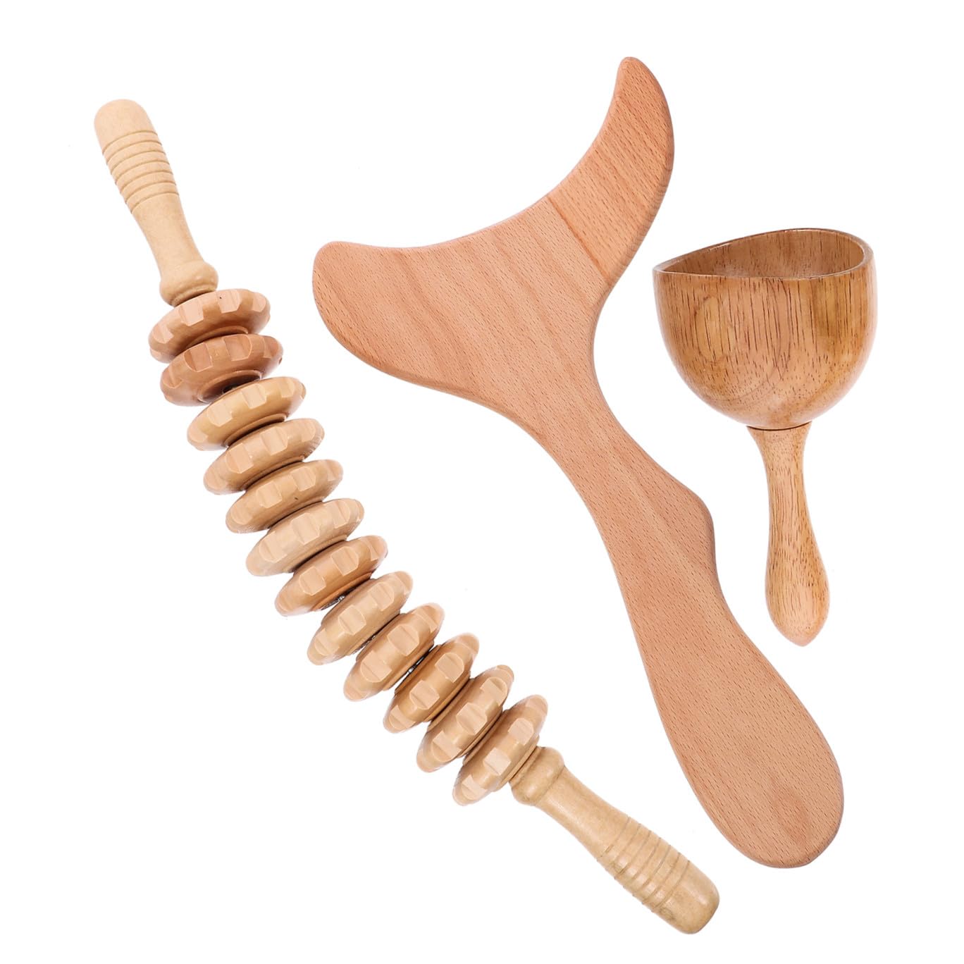 Outanaya Juego de Masajeador Corporal de Madera 3 Piezas para Cuerpo y Cuello, Herramienta de Masaje Anticelulítico Multifuncional, Adecuado para Terapia de Relajación y Viajes