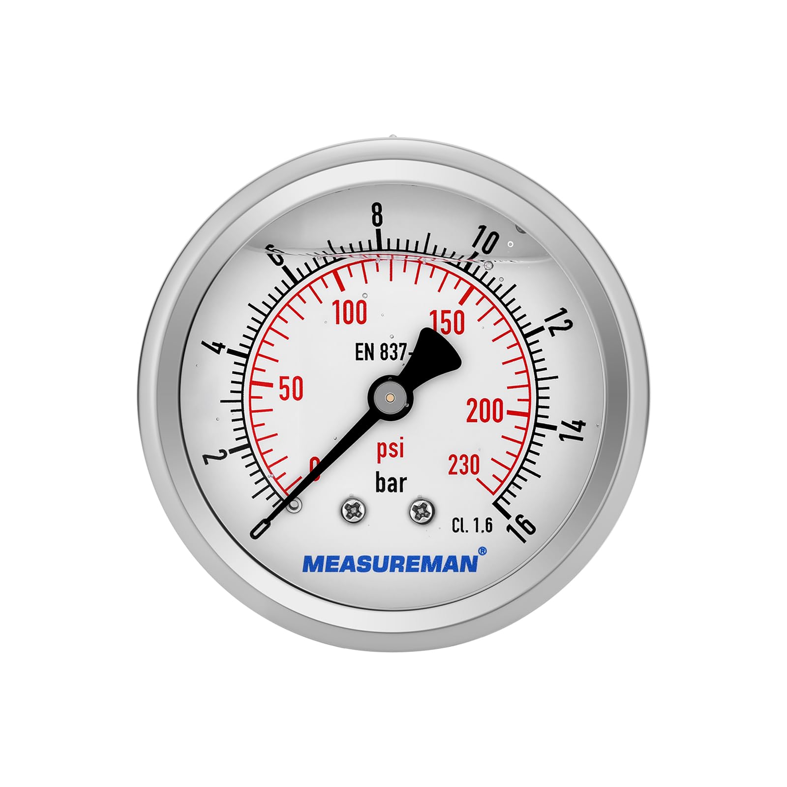 Manomètre, Manomètre Glycérine 2,5 pouces, 0-16 bar, boîtier en acier inoxydable 304, raccord arrière 1/4" BSP