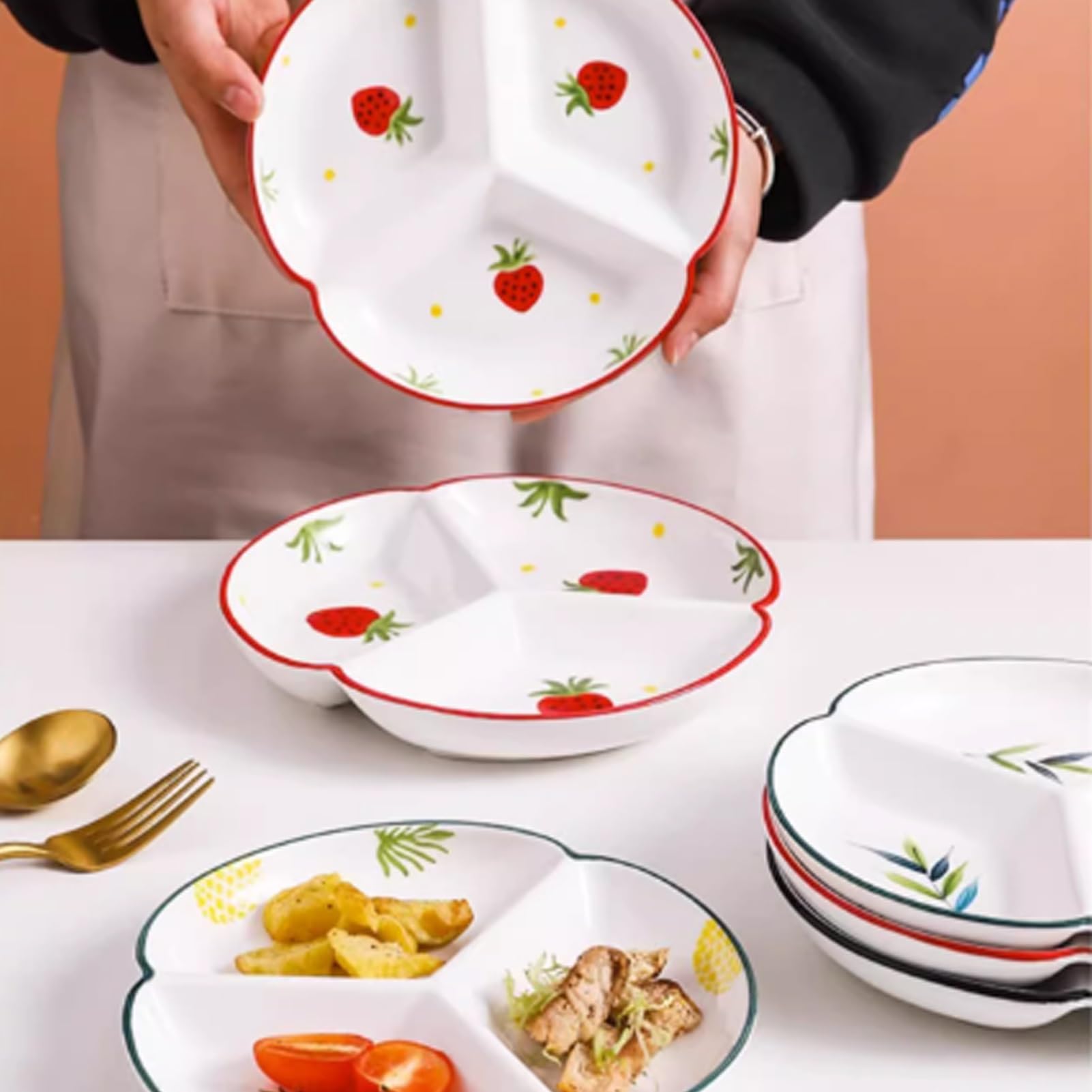 Platos de control de porciones, bandeja dividida para cena y postre con 3 compartimentos, plato de cerámica para control de porciones