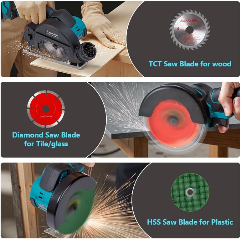 Miniatura 5 de Heimerdinger Mini sierra circular inalámbrica 2 en 1 de 4 pulgadas y amoladora angular - Motor sin escobillas, 3 velocidades, batería de 4000 mAh,