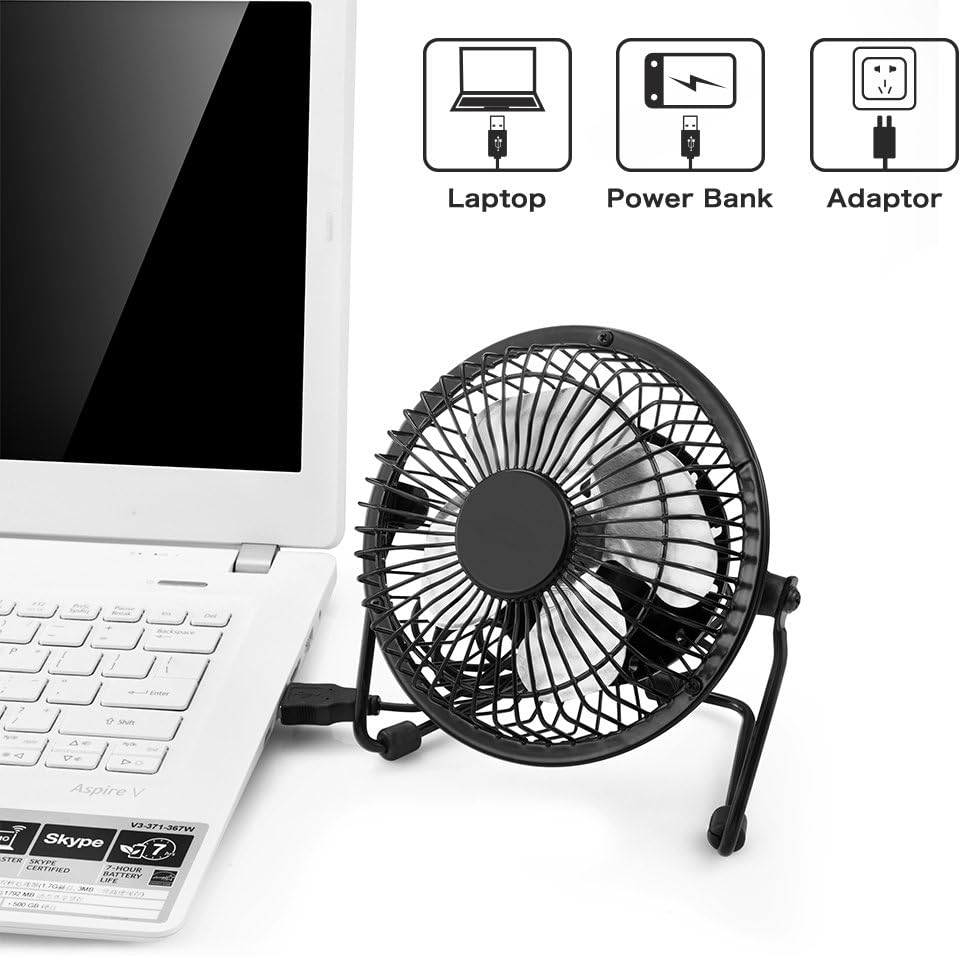 4'' USB Desk Personal Fan, Metal Design, Quiet Portable Mini Table Fan with One Setting, Small Portable and Lightweight Personal Fan Perfect for Use in Home, Office, Desktop, Camping or Travel, Black : Electronics