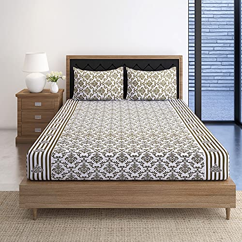 Image of Swayam Pure Cotton Double Bedsheet with 2 Pillow Covers | Size 90 x 100 inch | 160 TC | Ethnic Motifs Design | Soft Breathable Bed Sheet | Comfortable & Durable for Bedroom - White & Brown