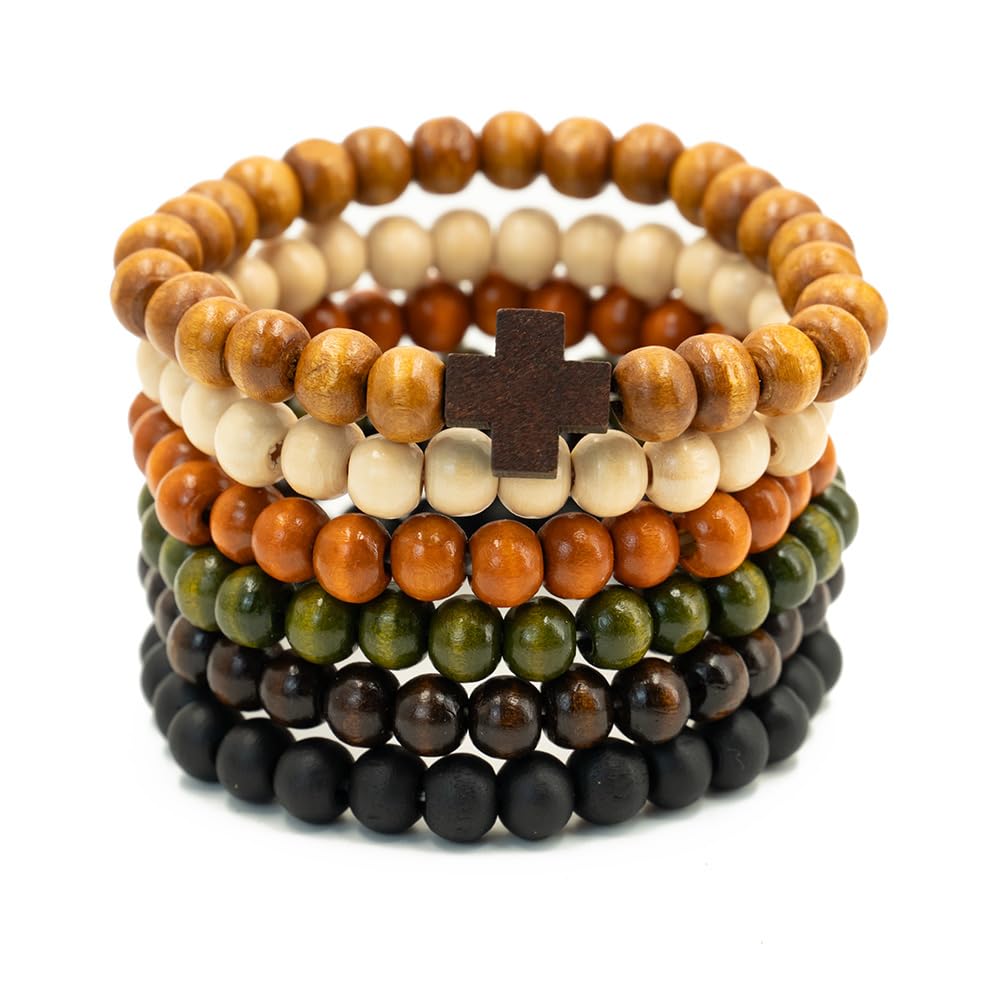 Zestaw 6 bransoletek z koralików drewnianych Stack, Cross Bangle - Bransoletki z koralików dla kobiet i mężczyzn, 8 mm okrągłe, elastyczne bransoletki z koralików, unisex, do jogi