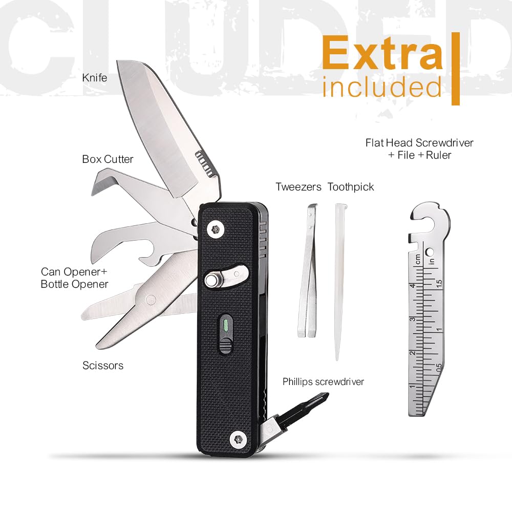 ROXON Navaja de bolsillo multiherramienta EDC S504G Mini Flex Companion | 7 en 1 con mango G10, hoja corta de pata de oveja, tijeras, abrebotellas y abrelatas, punta de 4 mm, etc.