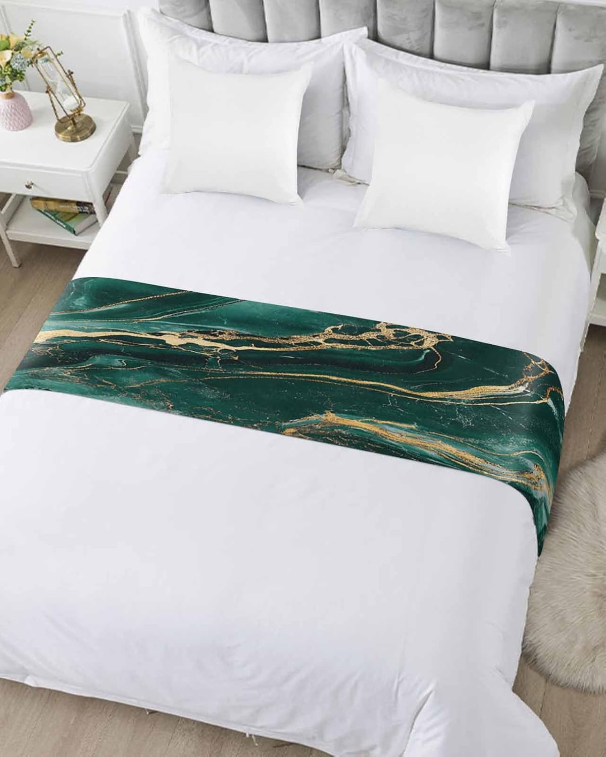 Abstract Marble Stone Texture Bed Runners for Bedroom Hotel,Decorative Bedding Scarf Green Gold Striped Bed End Blanket Bedding Runner Scarves for Full Size Bed,83x20in