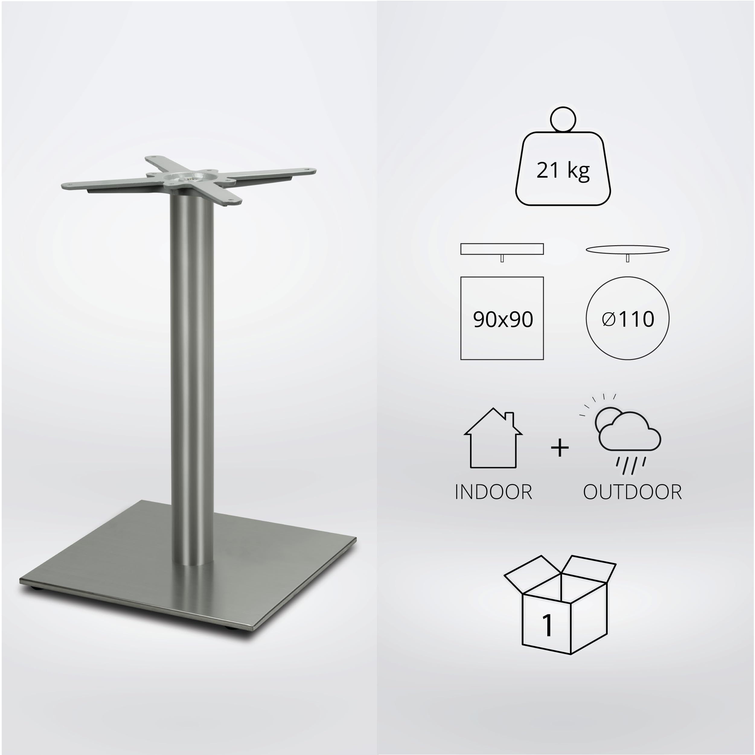 Tischgestell Tischbein Edelstahl | Premium | PD7089inox | INOX | Esstisch | Höhe 72 cm | 21 kg | Bodenplatte 45x45 cm | max. Tischplattengröße 90x90 / Ø 110 cm