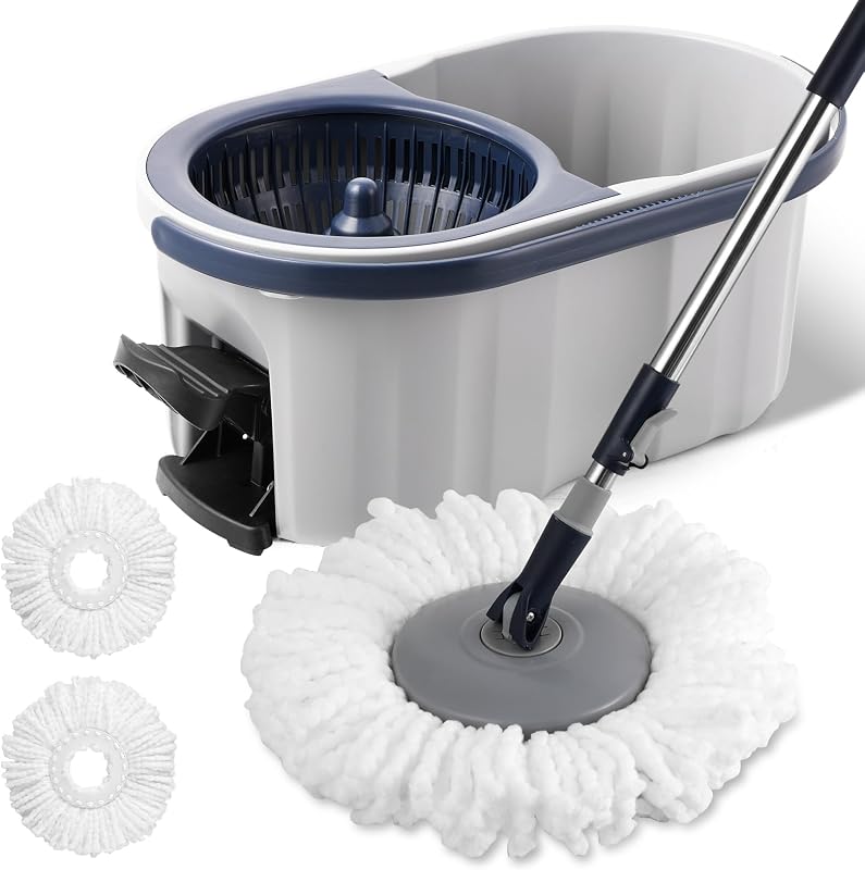 Spin Mop and Bucket System with180-Degree Rotating Head | Telescopic Handle Dual Chamber Bucket Floor Cleaning Set with 3 Mop refills Dual-Function Wringing Hand-Press and Foot-Pedal