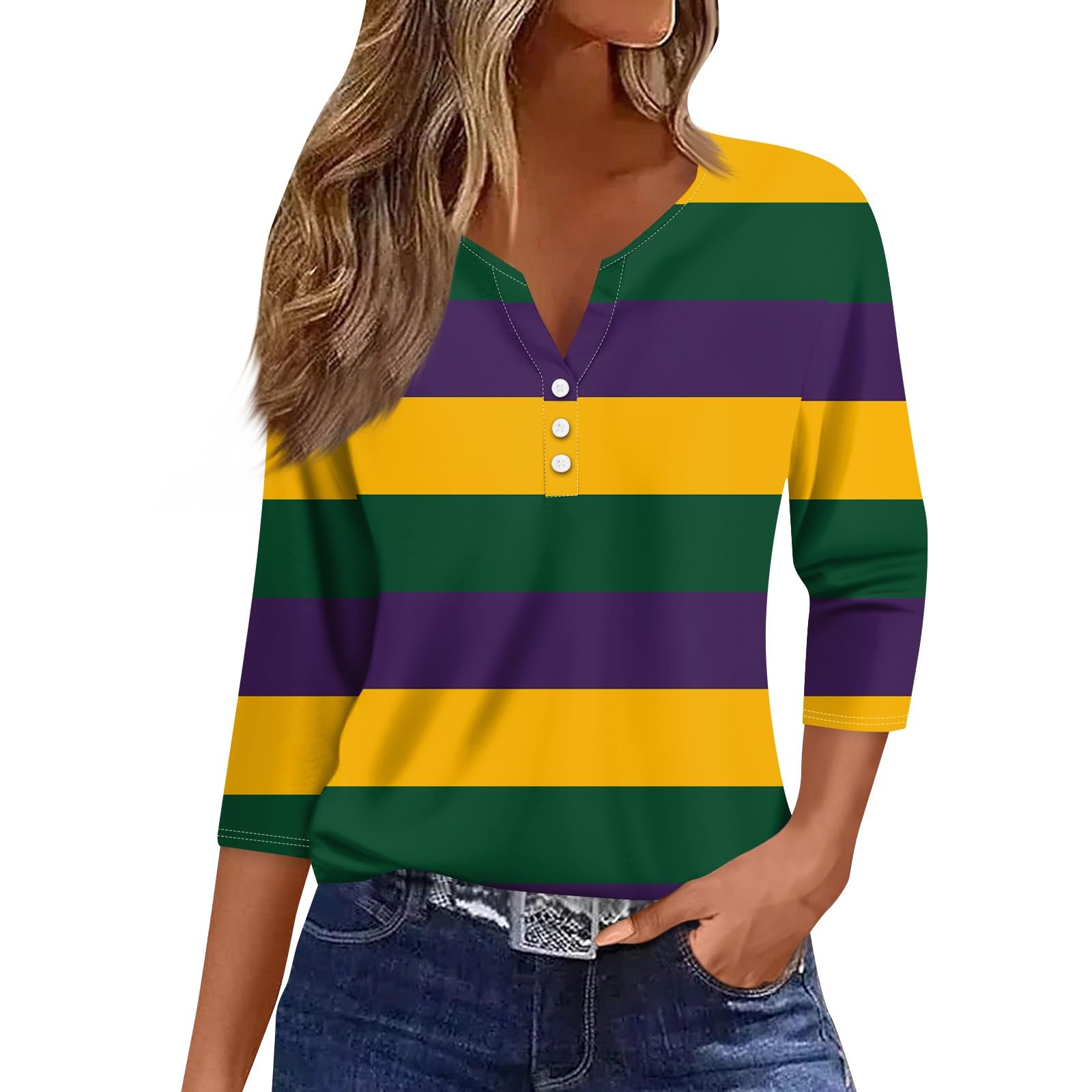 Mardi Gras Shirts for Women Sequin Bling Glitter Carnival Outfits 3/4 Sleeve Button Henley V Neck Shirts Tunic Tops