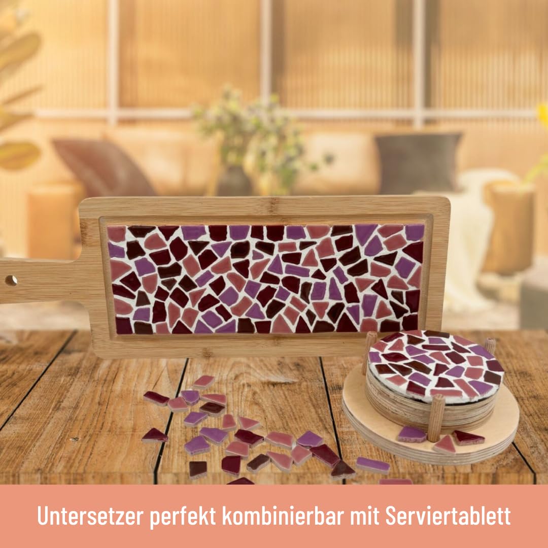 Little Creations - Kit de bricolage mosaïque pour adultes Vieux rose | 1 plateau de service et 4 dessous de verre | Kit complet de pierres de mosaïque et bois | Personnaliser et bricoler soi-même