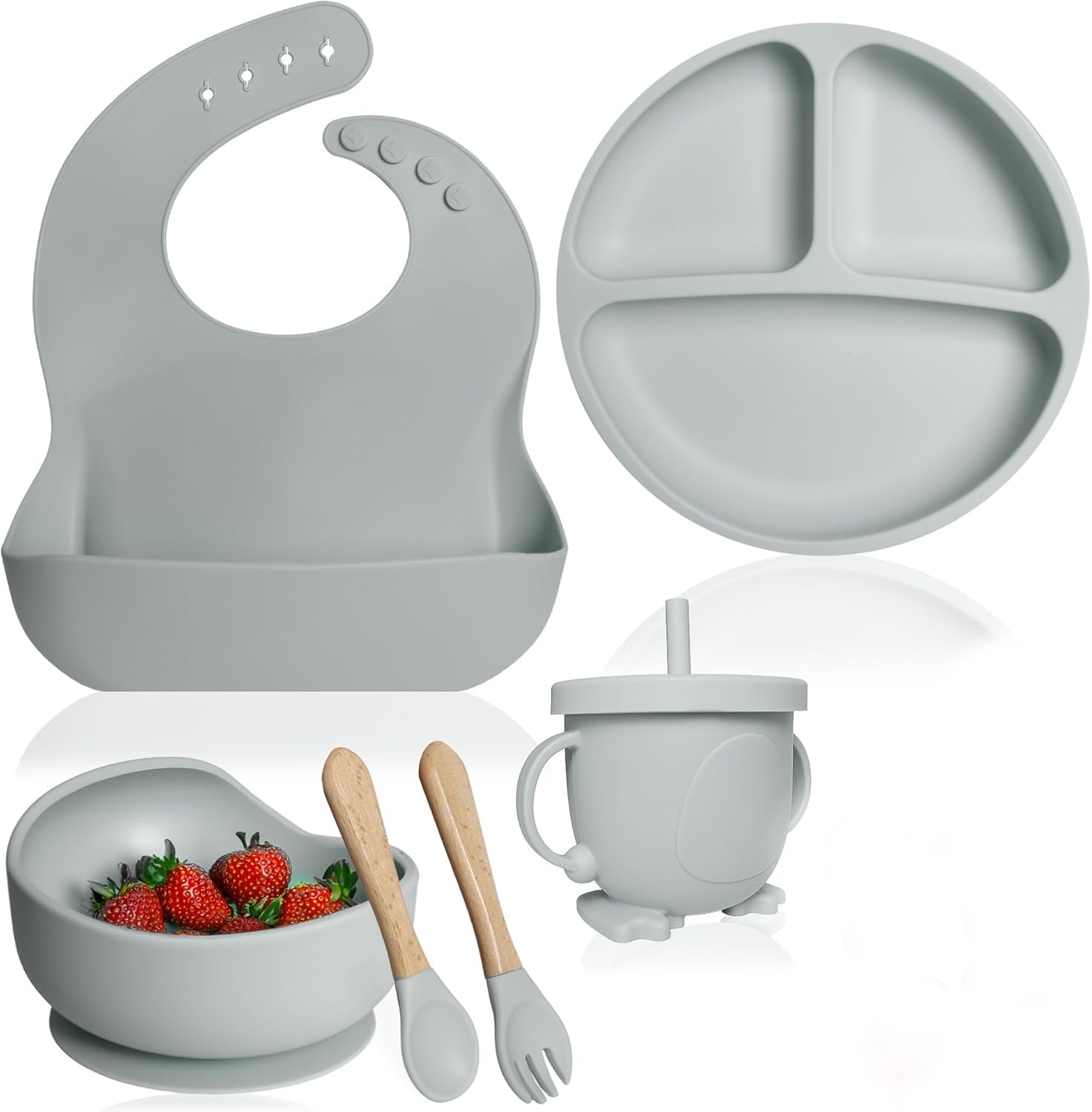 6 PCS Baby Silicone Baby Feeding Set | Microwave BPA-Free, Anti-Slip Base Includes Suction Bowls and Divided Plates, Bowl, Adjustable Bib, Utensils Spoons, Forks, Cup | Essentials (Grey, 6 Pcs)-image-33