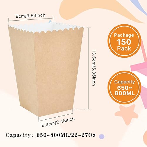 Miniatura 2 de Worldity 150 cajas de palomitas de maíz, mini caja de papel de palomitas de maíz de 22 a 27 onzas, bolsas de papel kraft a prueba de aceite,