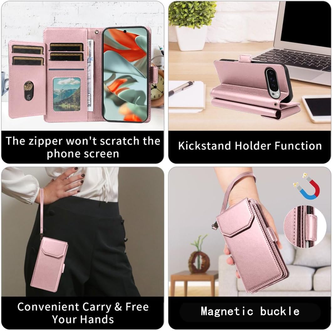 Asuwish Phone Case for Google Pixel 9 Pro XL Cell Wallet Cover with Tempered Glass Screen Protector Flip Credit Card Holder Slot Stand Pixel9 9Pro 9ProXL Nine Women Men Folio Purse Lanyard Pink
