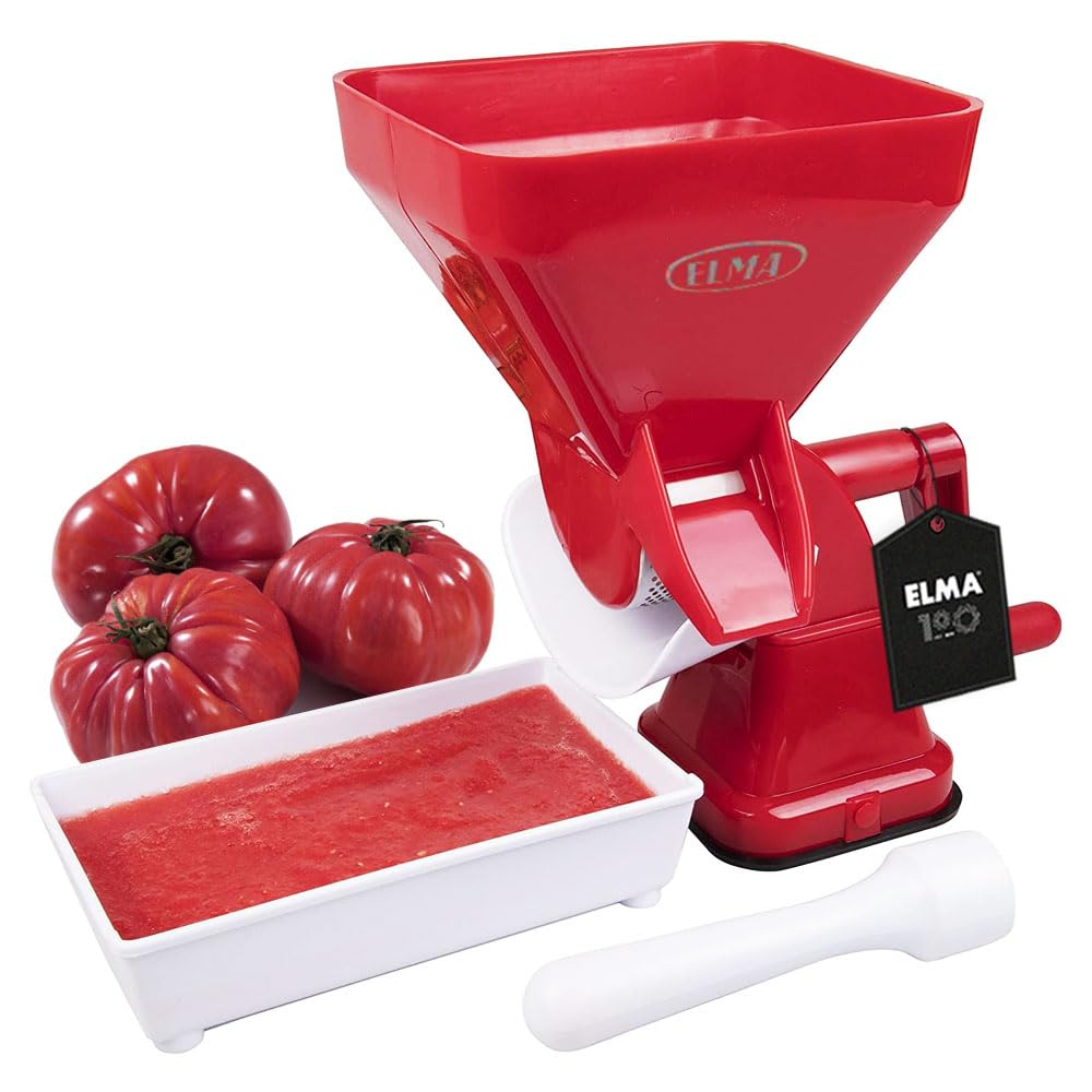 ELMA Presse-tomate Manuel, Presse-tomate Domestique | Base à Ventouse, avec Filtre en Acier Inoxydable, Plastique Rouge