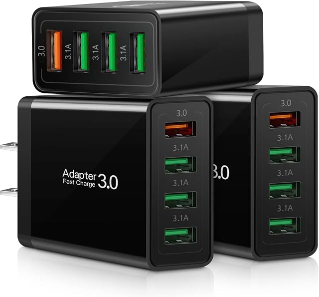 3-Pack Chargement rapide 3.0 Chargeur mural, 4-Port USB Bloc chargeur, Multi Plug USB Adaptateur d'alimentation, double prise de charge Brick Cube compatible avec iPhone 17 16e 16 15 Pro Max, iPad,S25 S24,Pixel 7