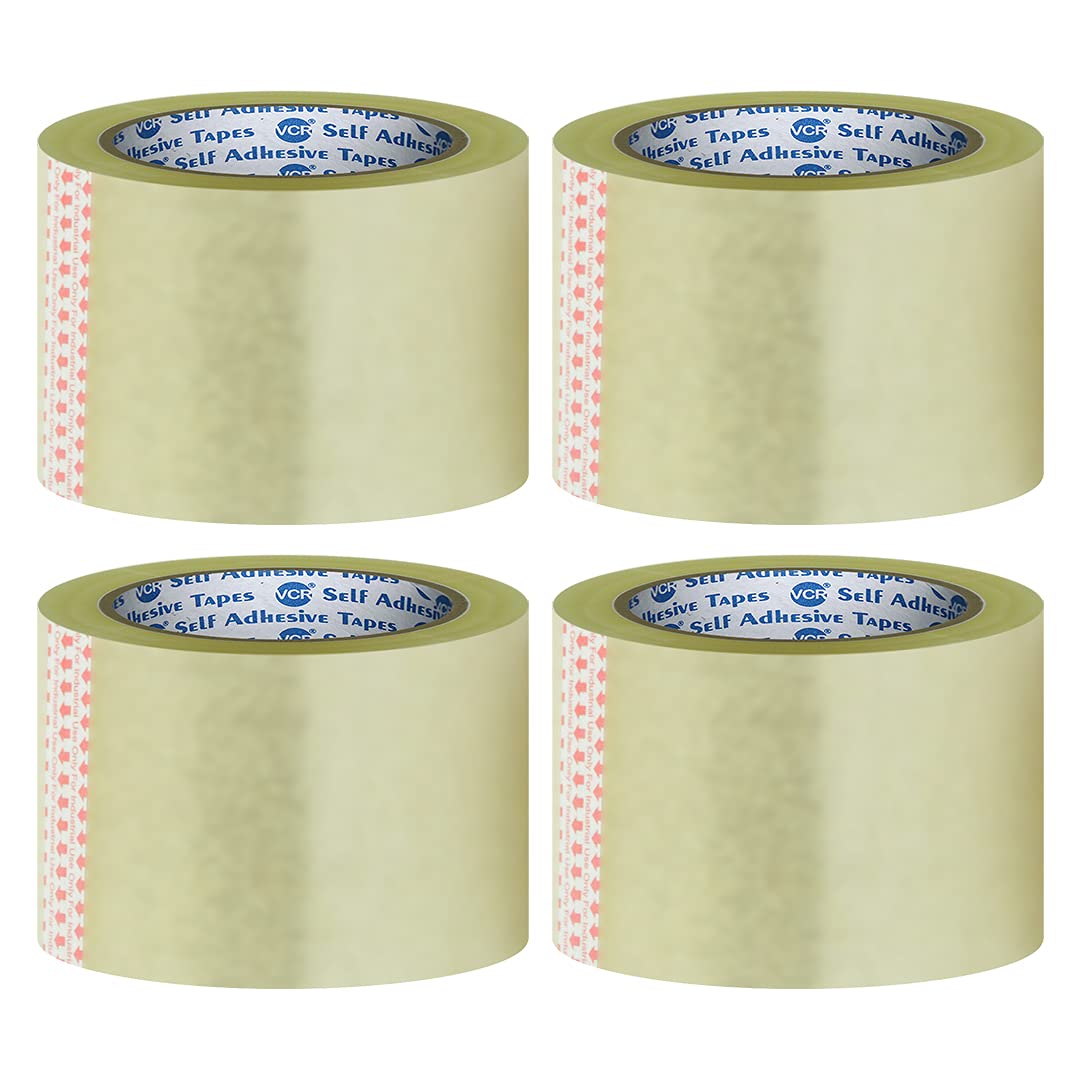 VCR Self Adhesive Transparent Cello Tape - 65 Meters in Length - 72mm / 3" Width - 4 Rolls Per Pack - BOPP Industrial Packaging Tape for E-Commerce Box Packing, Office and Home use