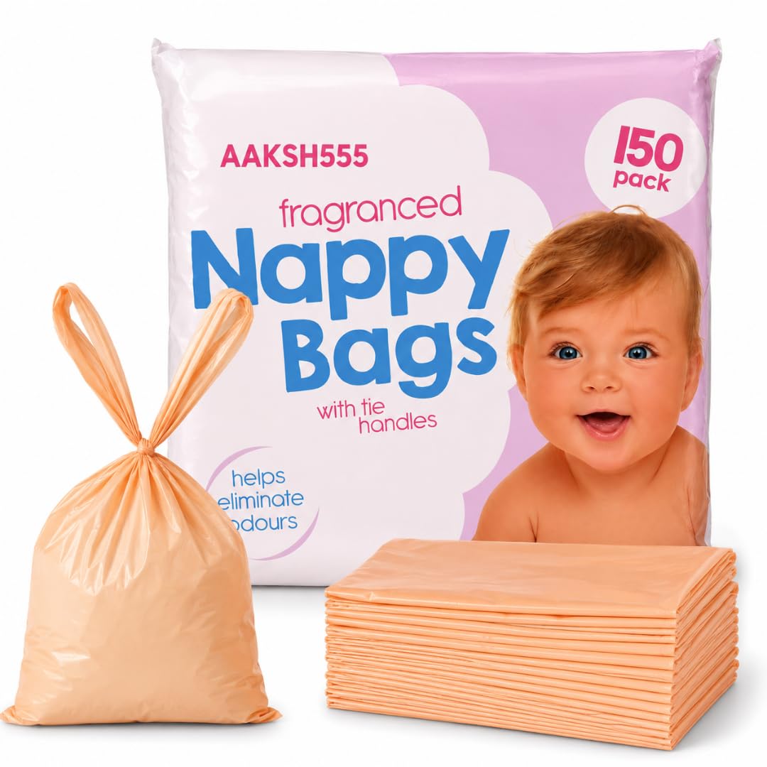 AAKSH555 150 Pack Fragranced Nappy Bags with Tie Handles | Durable, Leak-Proof Diaper Sacks for Baby | Odour Eliminating, Lightweight, Travel-Friendly