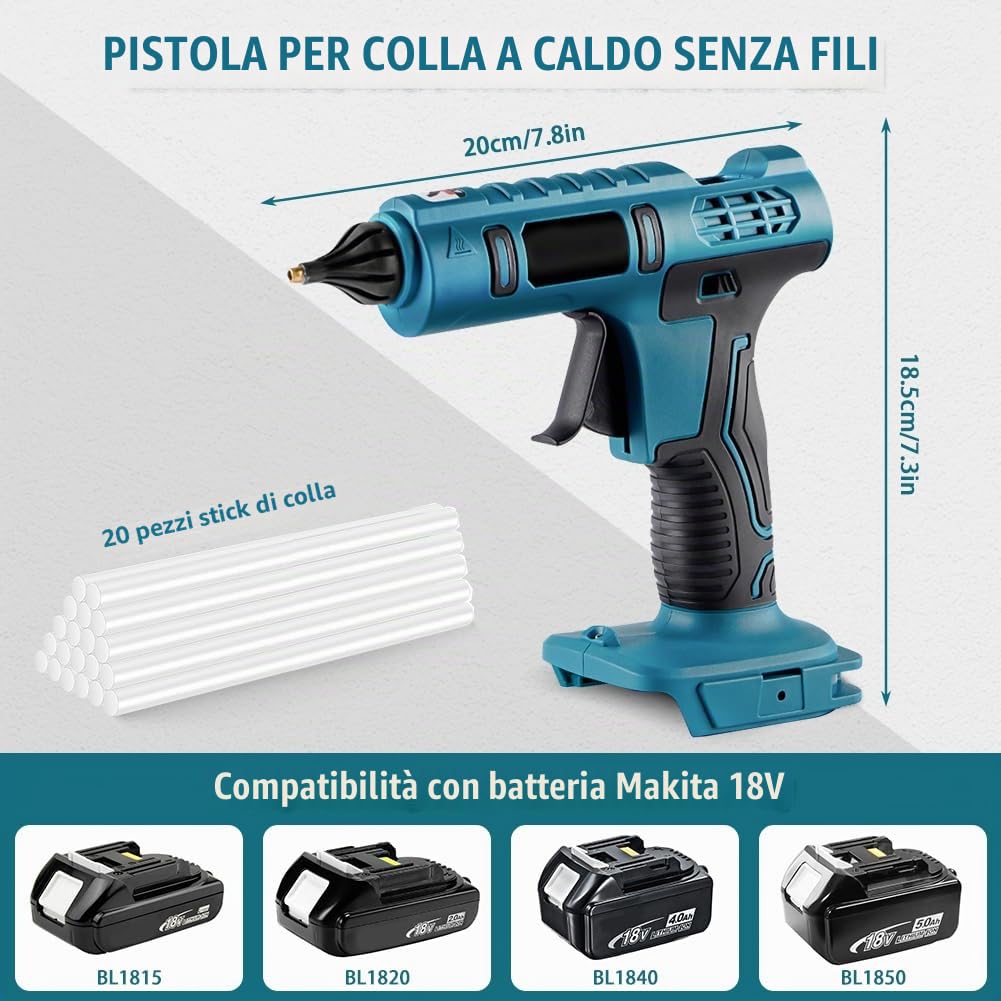 Pistola per colla a caldo senza fili, compatibile con Makita BL1830 BL1840 BL1850 BL1860 18 V, batteria al litio da 100 W con 20 stick di colla, riscaldamento rapido