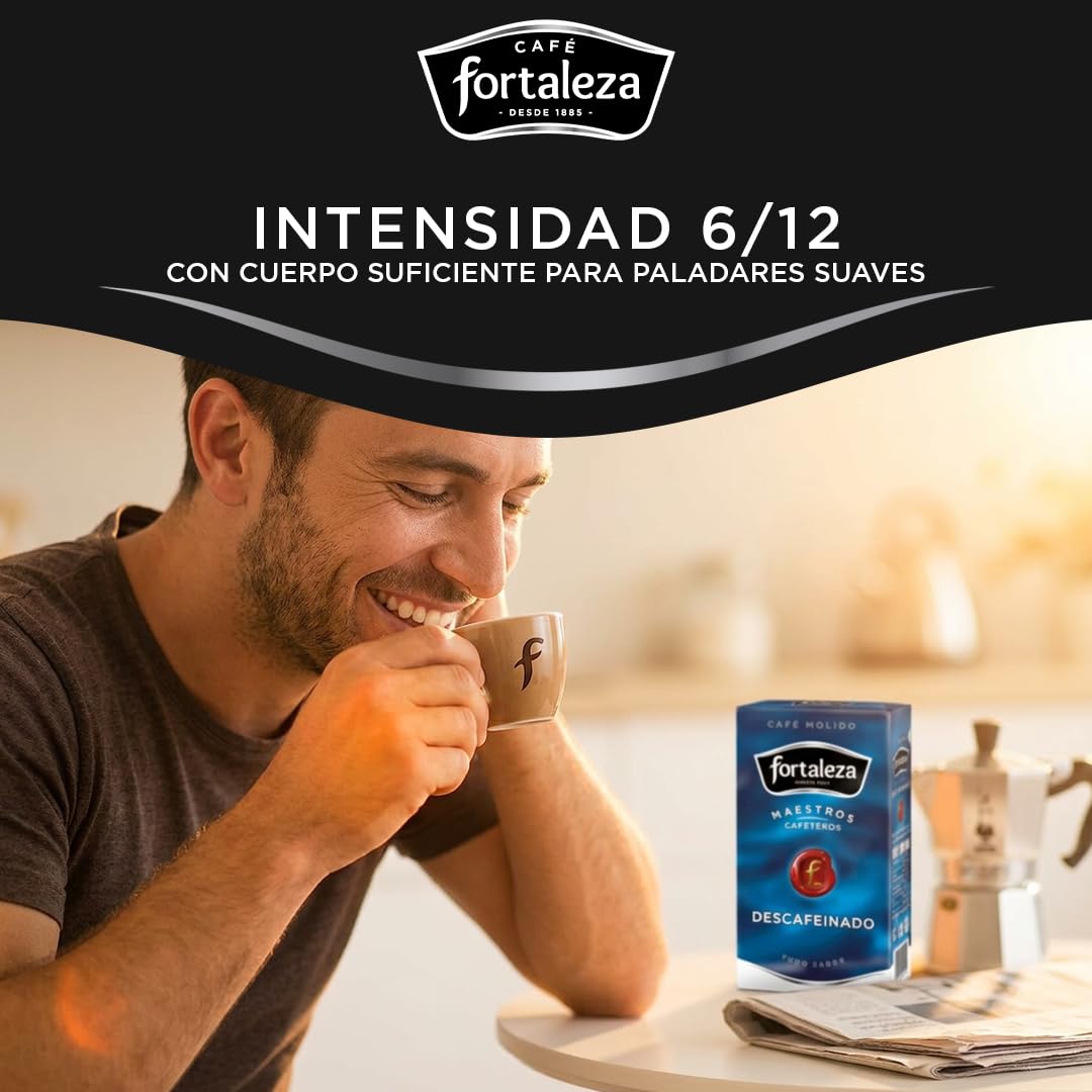 CAFÉ FORTALEZA Café Molido Descafeinado Pack 250g x 12 - Total 3 Kg - Intensidad 6/12 - Café Suave con Sabor Fino y Notas Florales - Café Descafeinado Arábica y Robusta para Filtro Émbolo e Italiana
