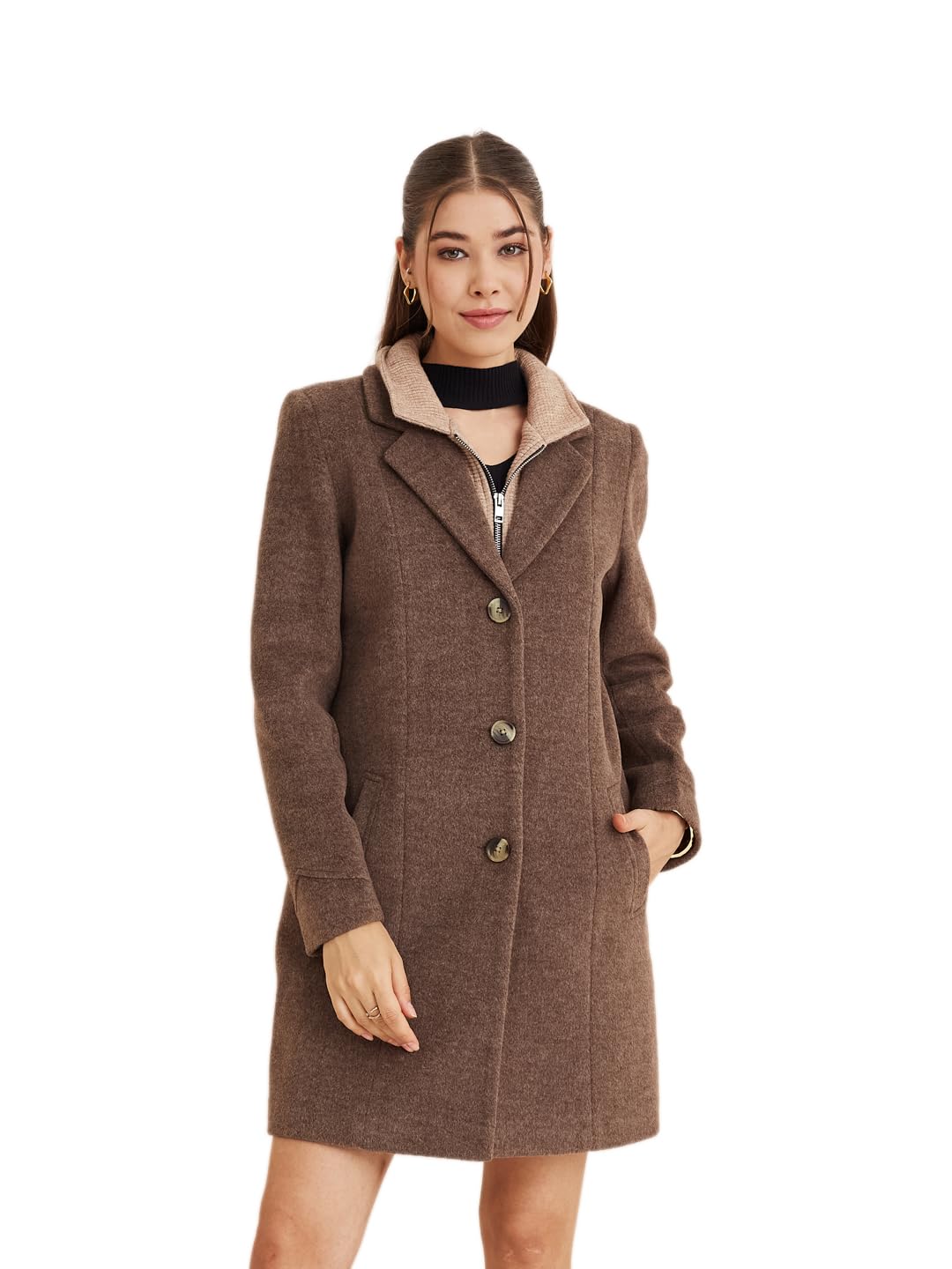 Women'S Brown Collar Neck Full Sleeves Solid Casual Coat-image-42