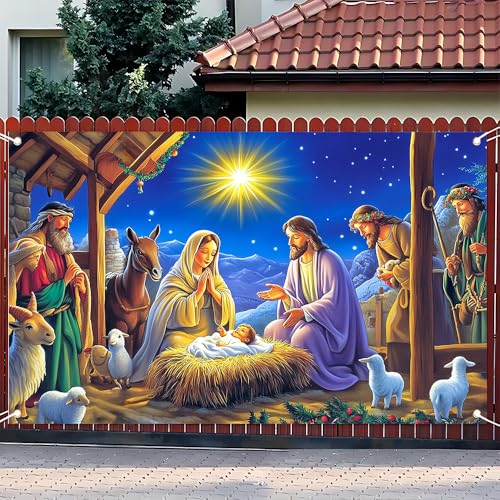 Image of Nativity Backdrop 71x43 Christmas Manger Scene Banner for Church