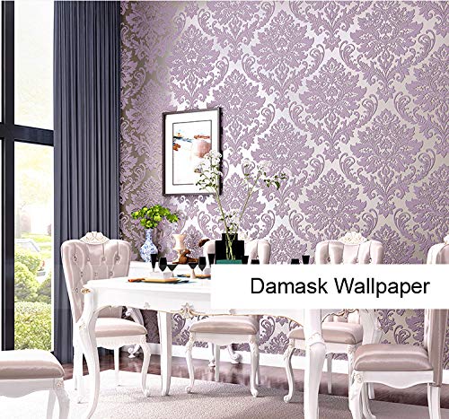 9.5X0.53M 3D Elegant Damask 6 Colors Luxury Embossed Flock Textured Non-Woven Wallpaper Roll For Bedroom Livingroom 1.73' W X 31.2' L=5.035㎡ (54Sq.ft) (Purple) #TOP2