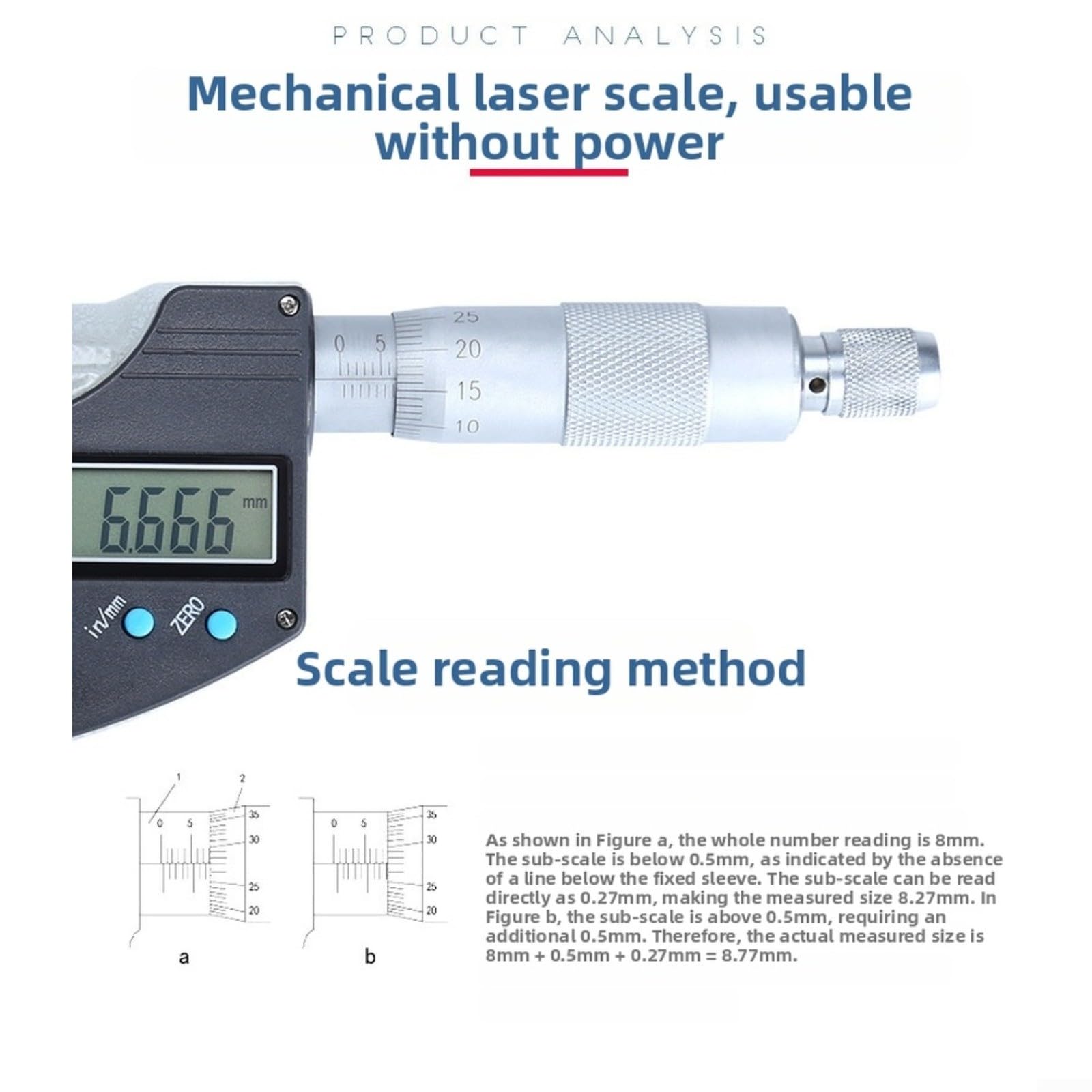 Micrómetro electrónico digital de precisión de 0001 mm, pantalla LCD, conversión métrica, puntas de aleación endurecida, plata para ingeniería y medición industrial (25-50 mm)